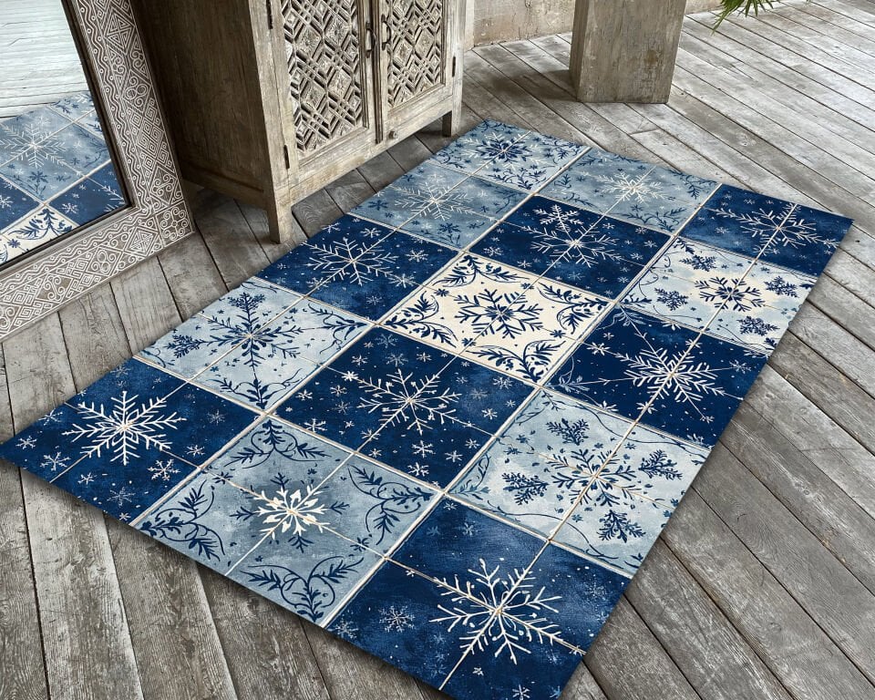 Winter Snowflake Rug Blue Tile Carpet Cozy Living Room Holiday Home Decor