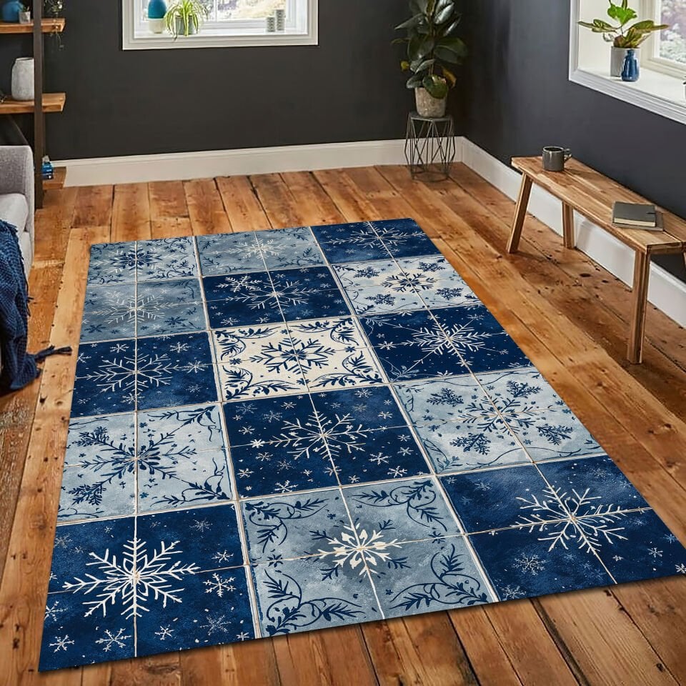 Winter Snowflake Rug Blue Tile Carpet Cozy Living Room Holiday Home Decor