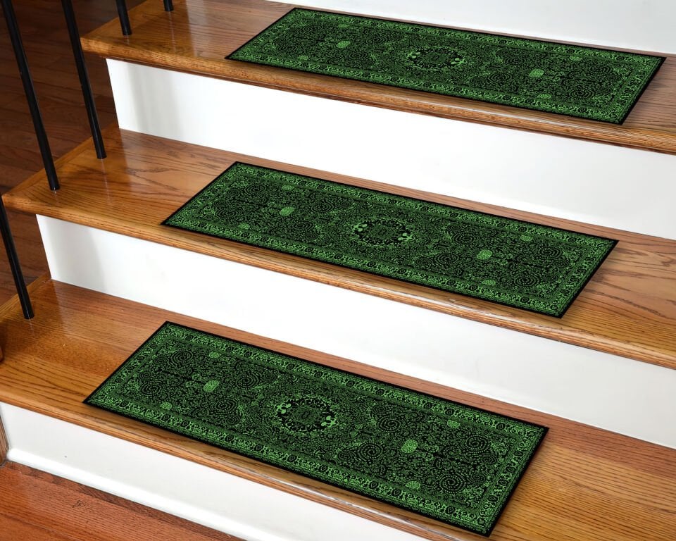 Elegant Dark Green Stair Treads – Ornate Vintage Style Step Mats