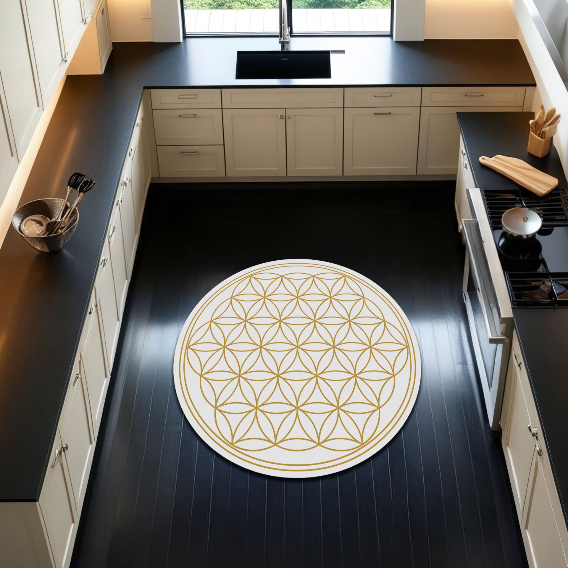 Round White Rug with Gold Geometric Flower of Life Pattern