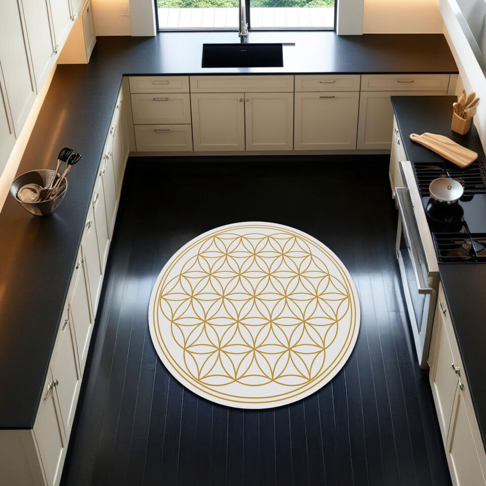 Round White Rug with Gold Geometric Flower of Life Pattern