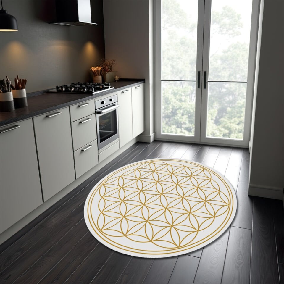Round White Rug with Gold Geometric Flower of Life Pattern