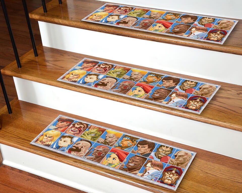 Retro Arcade Fighter Stair Treads – Colorful Non-Slip Gaming Carpet Mats