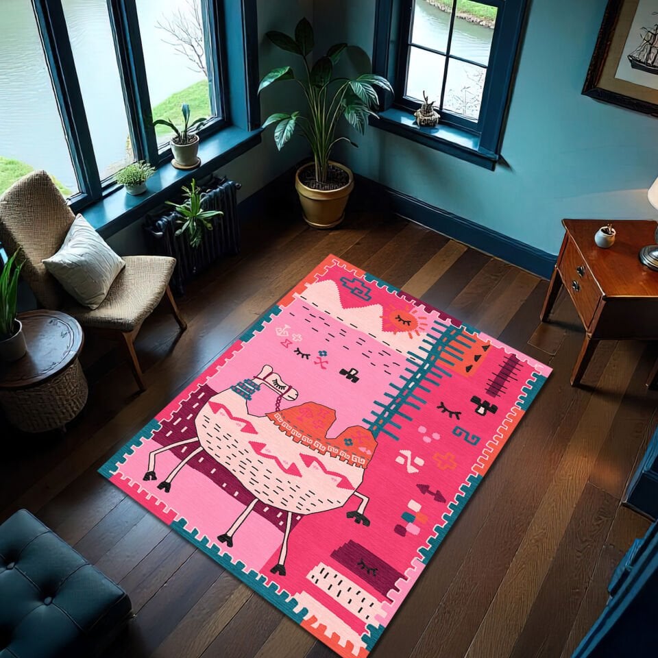 Boho Camel Rug – Pink and Vibrant Kids Room Carpet