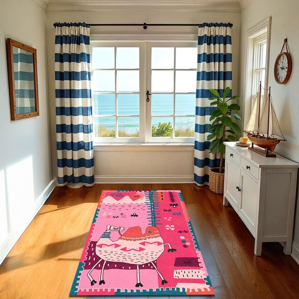 Boho Camel Rug – Pink and Vibrant Kids Room Carpet