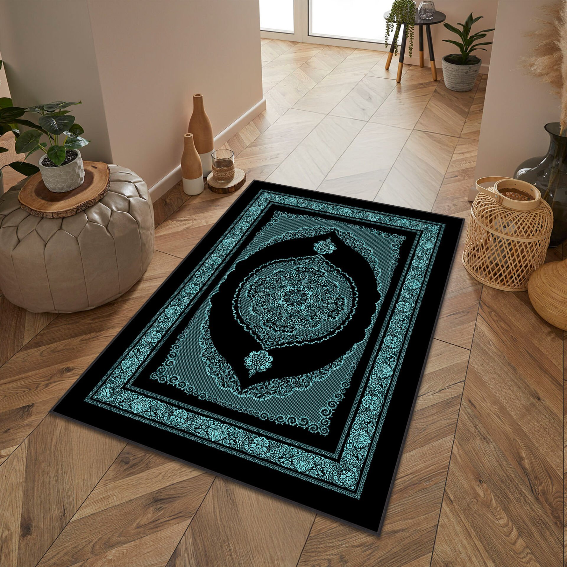 Turquoise Oriental Medallion Rug Elegant Classic Pattern Decorative Carpet