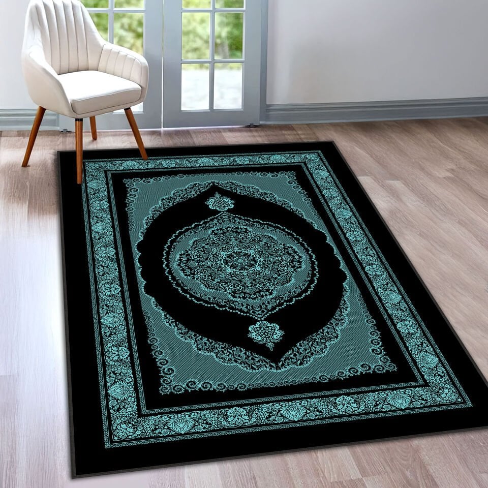Turquoise Oriental Medallion Rug Elegant Classic Pattern Decorative Carpet