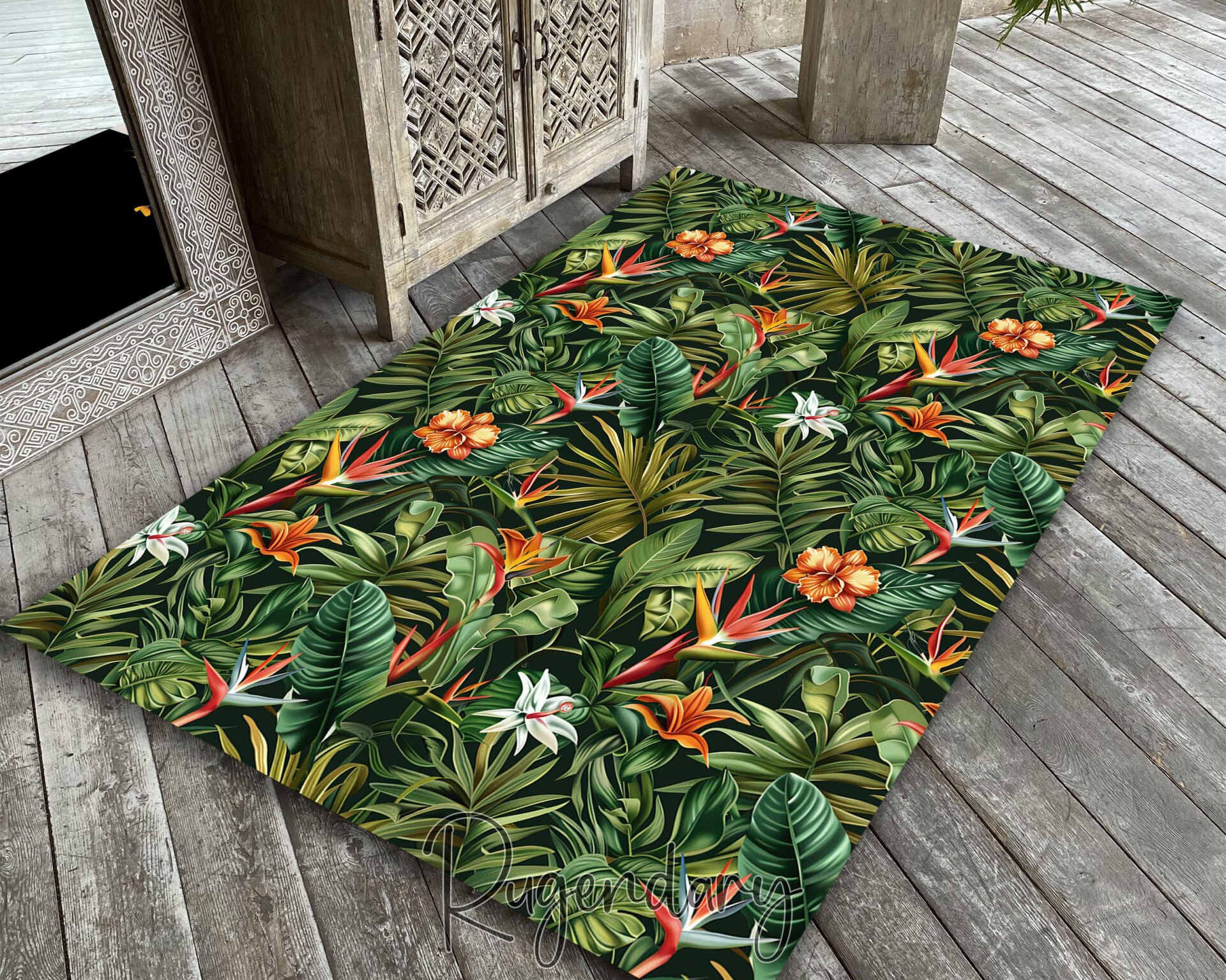 Tropical Flower Living Room Rug – Exotic Jungle Leaf Design