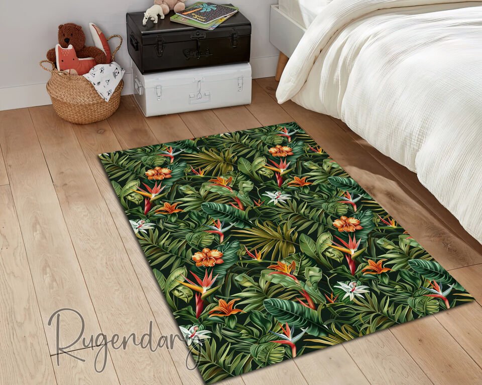 Tropical Flower Living Room Rug – Exotic Jungle Leaf Design