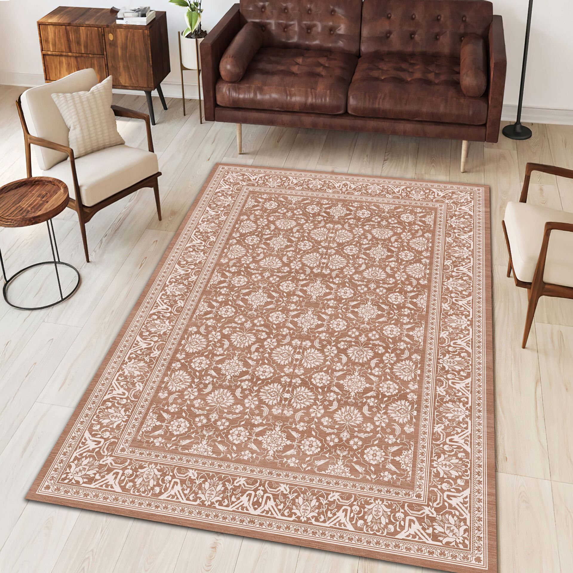 Ornamental Brown Pattern Area Rug with Classic Border Detailing