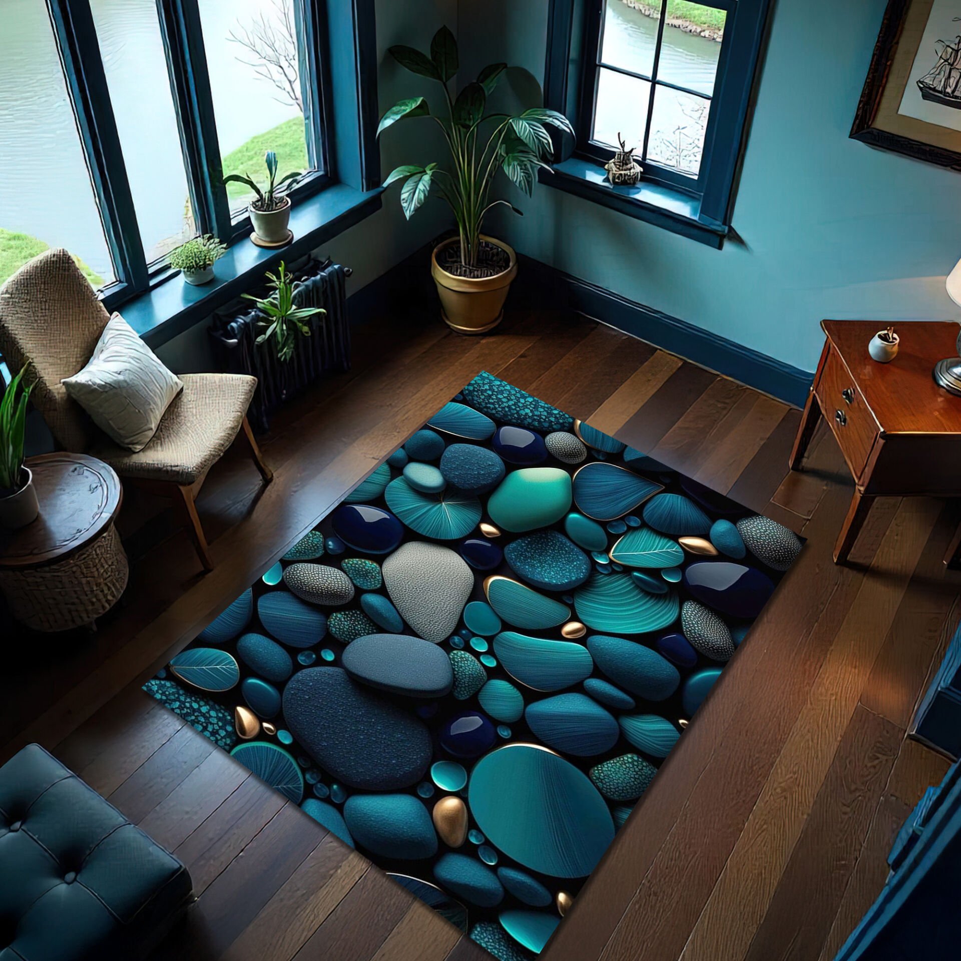 Ocean Pebble Pattern Rug – Blue & Gold Stone Design Area Carpet