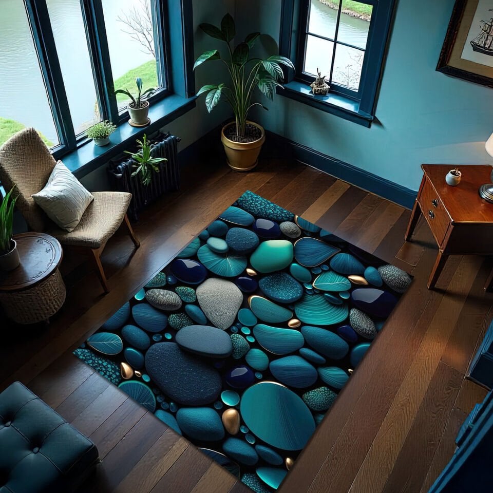 Ocean Pebble Pattern Rug – Blue & Gold Stone Design Area Carpet