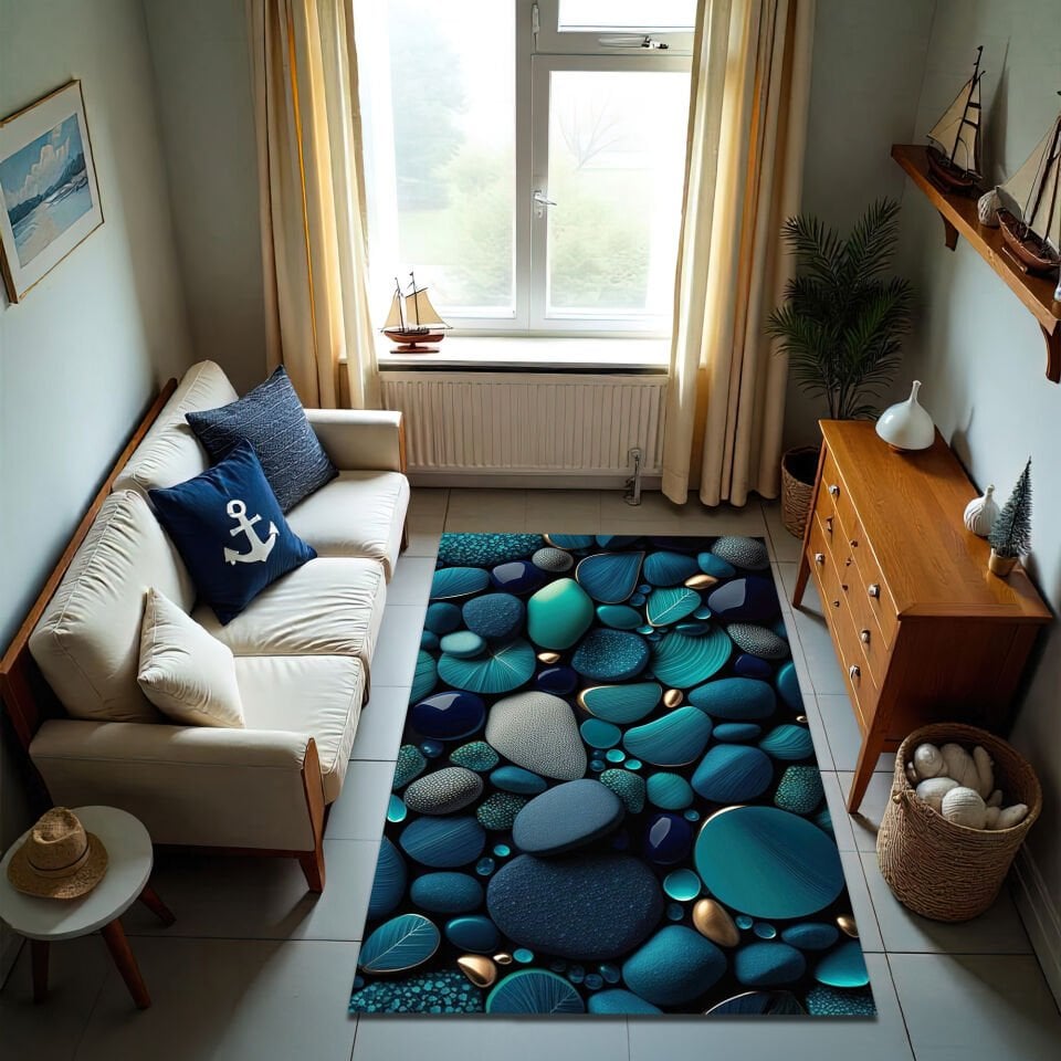 Ocean Pebble Pattern Rug – Blue & Gold Stone Design Area Carpet