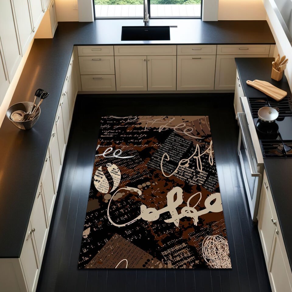 Modern Coffee Themed Kitchen Rug – Dark Brown & Typography Design