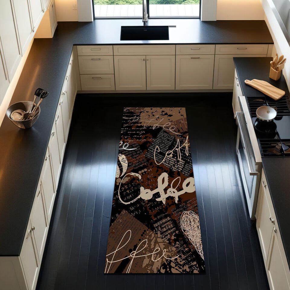 Modern Coffee Themed Kitchen Rug – Dark Brown & Typography Design