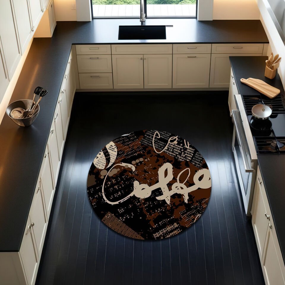 Modern Coffee Themed Kitchen Rug – Dark Brown & Typography Design