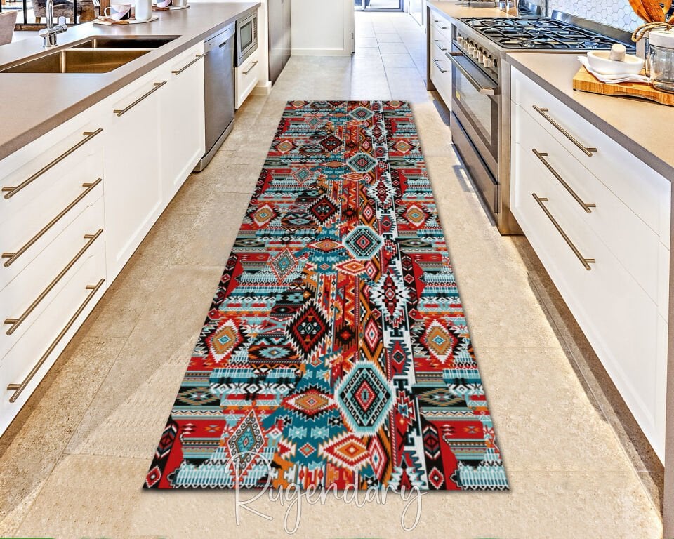 Tribal Boho Runner Rug – Colorful Geometric Kilim Pattern for Hallway & Entryway