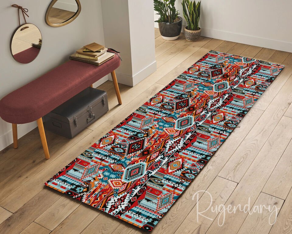 Tribal Boho Runner Rug – Colorful Geometric Kilim Pattern for Hallway & Entryway