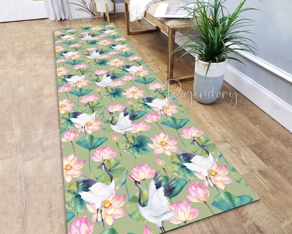 Crane & Lotus Flower Runner Rug – Elegant Nature-Inspired Hallway Carpet
