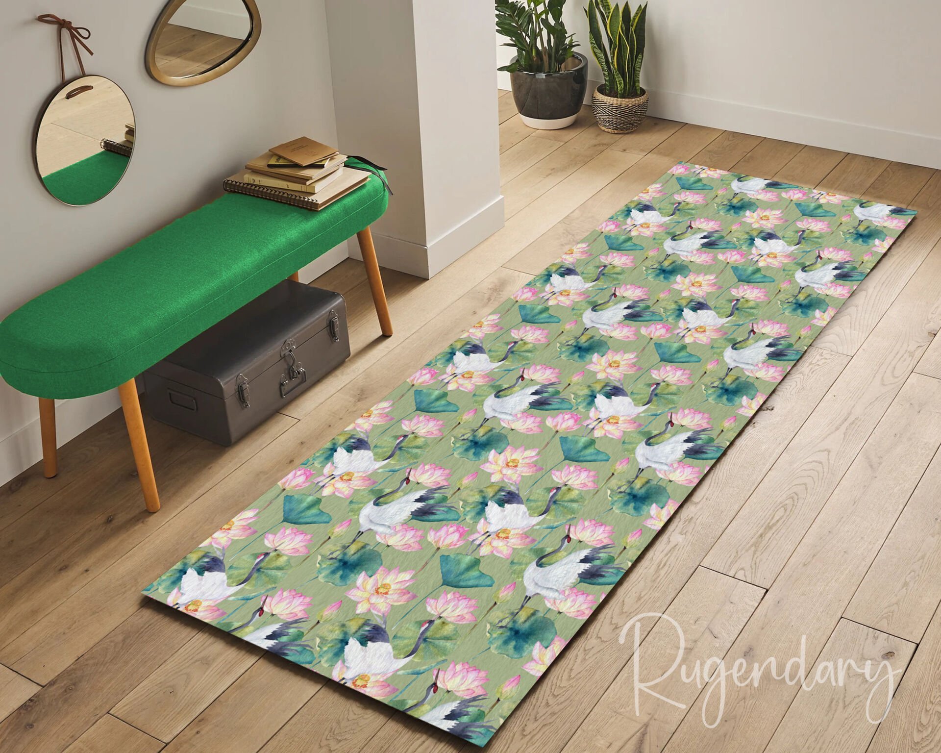 Crane & Lotus Flower Runner Rug – Elegant Nature-Inspired Hallway Carpet