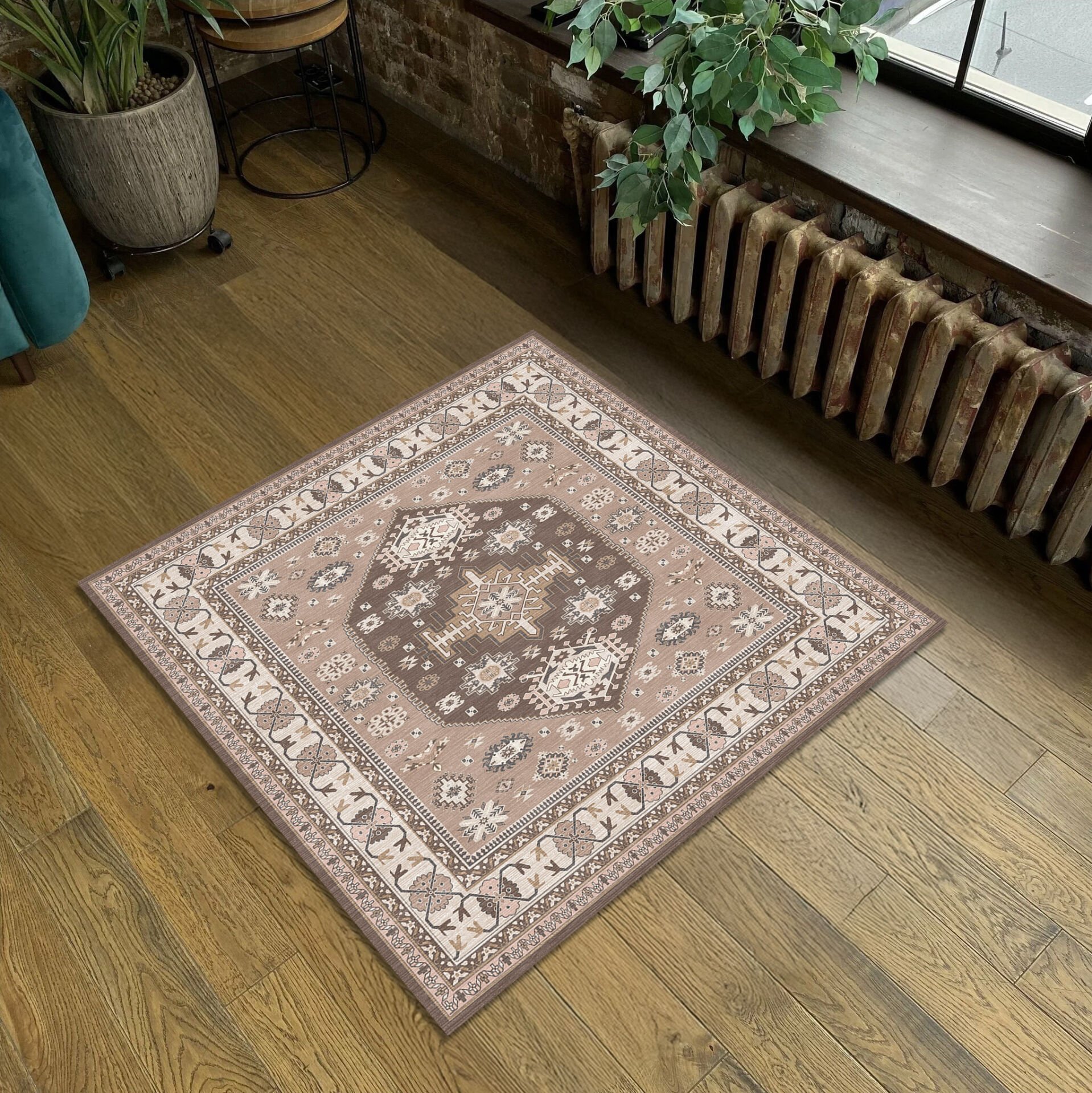 Ethnic Patterned Boho Style Square Rug in Beige and Brown Tones