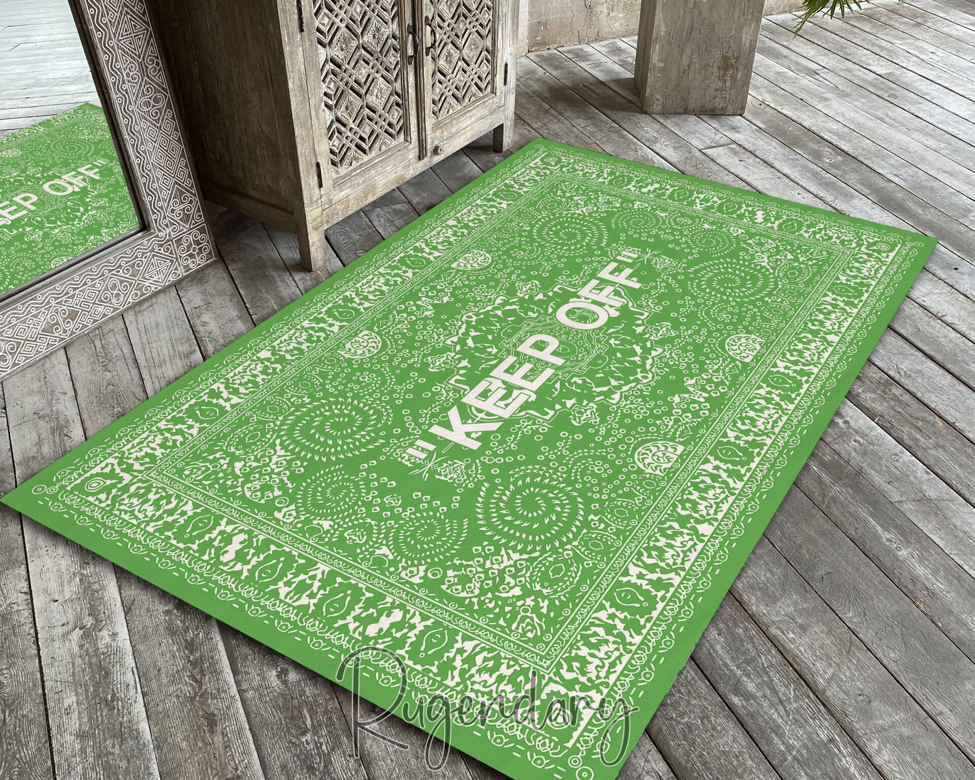 Green Area Rug with ''KEEP OFF'' Quote – Modern Living Room Carpet