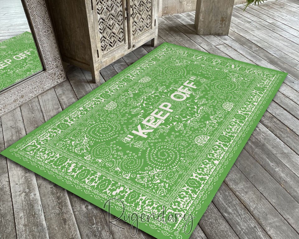 Green Area Rug with ''KEEP OFF'' Quote – Modern Living Room Carpet