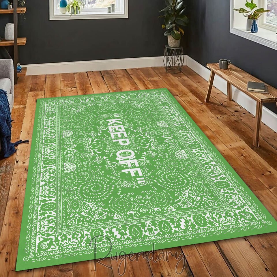 Green Area Rug with ''KEEP OFF'' Quote – Modern Living Room Carpet