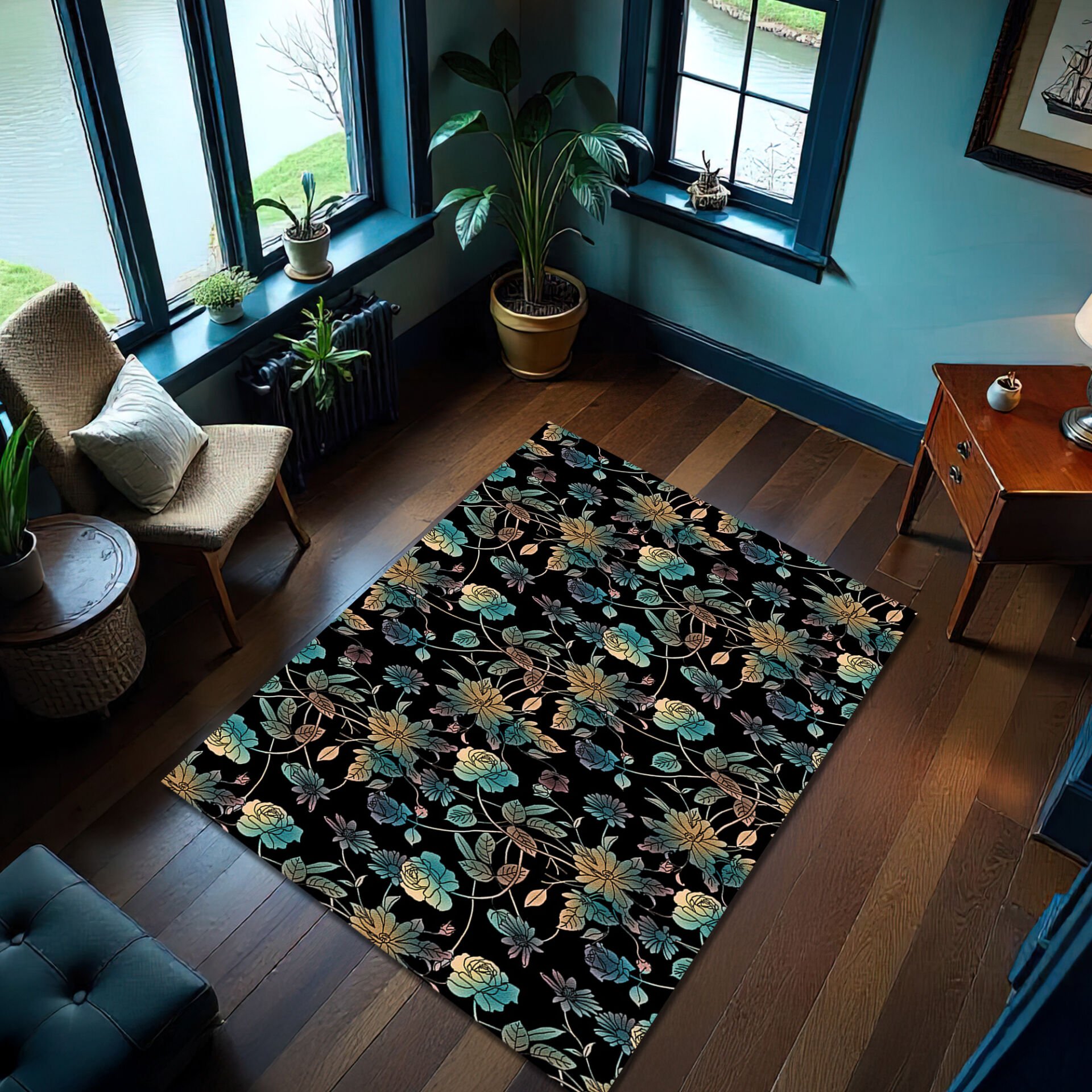 Elegant Floral Pattern Living Room Rug – Vintage Black Background Carpet