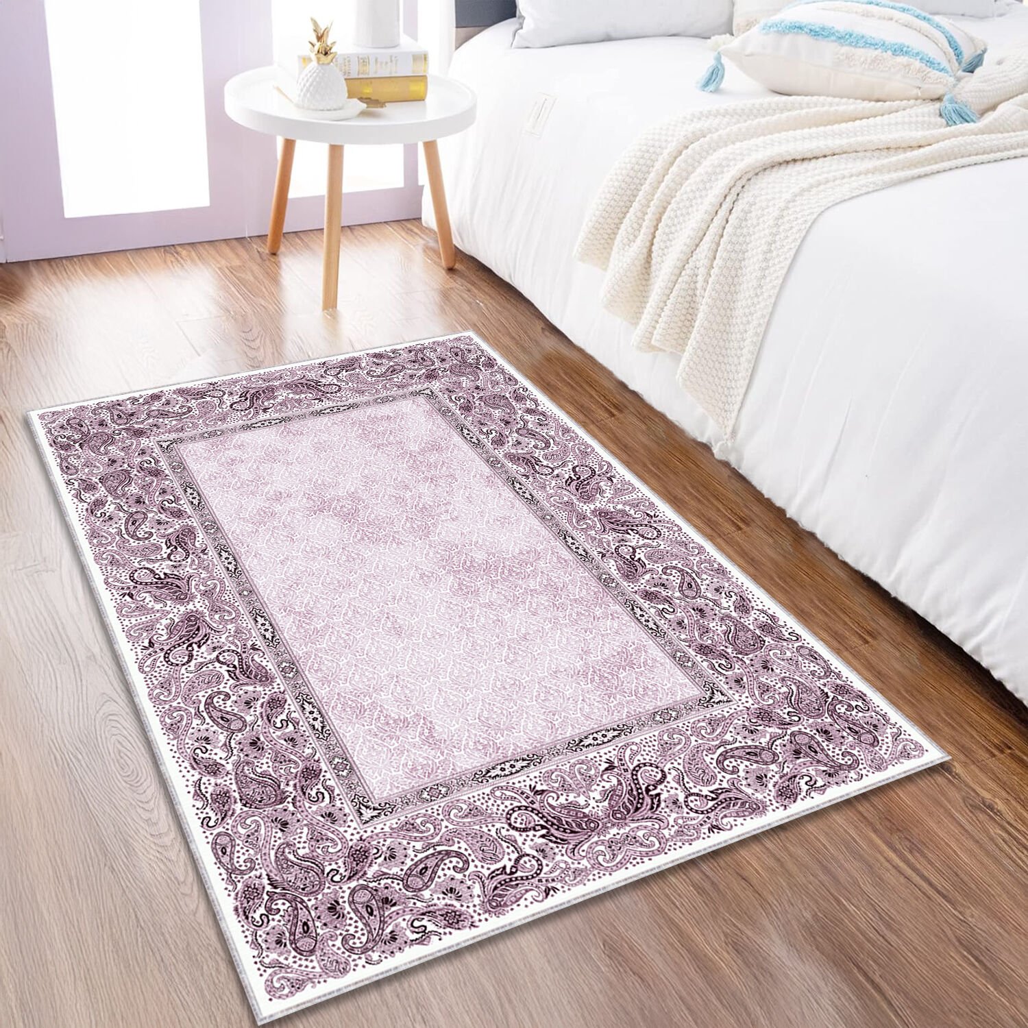 Purple Paisley Border Rug – Classic Pattern Carpet for Living Room, Bedroom