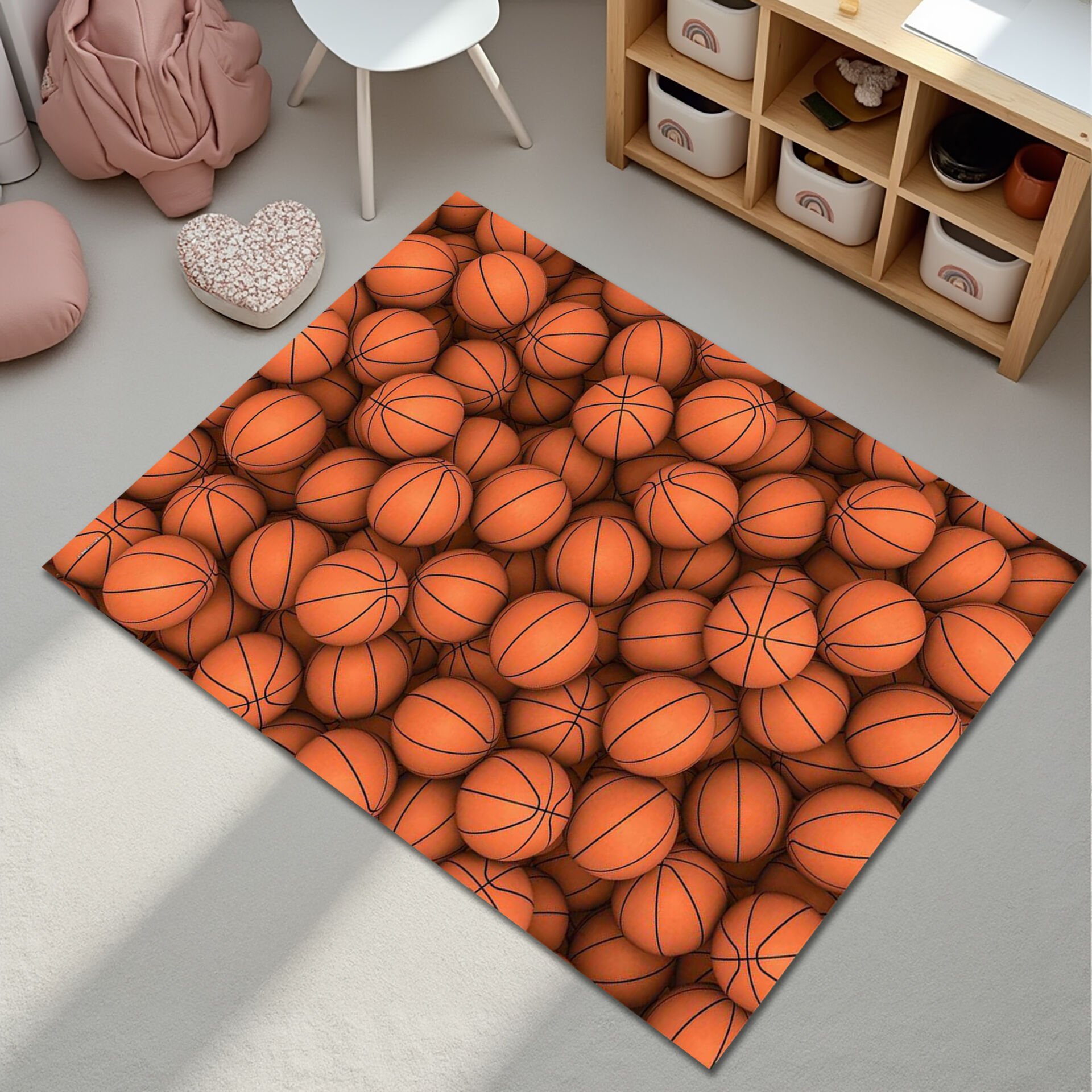 Basketball Pattern Area Rug – Sporty Orange Basketball Design Floor Mat