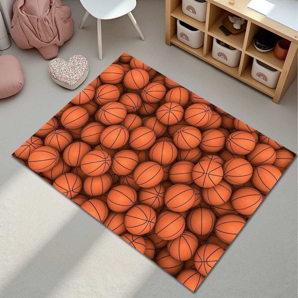 Basketball Pattern Area Rug – Sporty Orange Basketball Design Floor Mat
