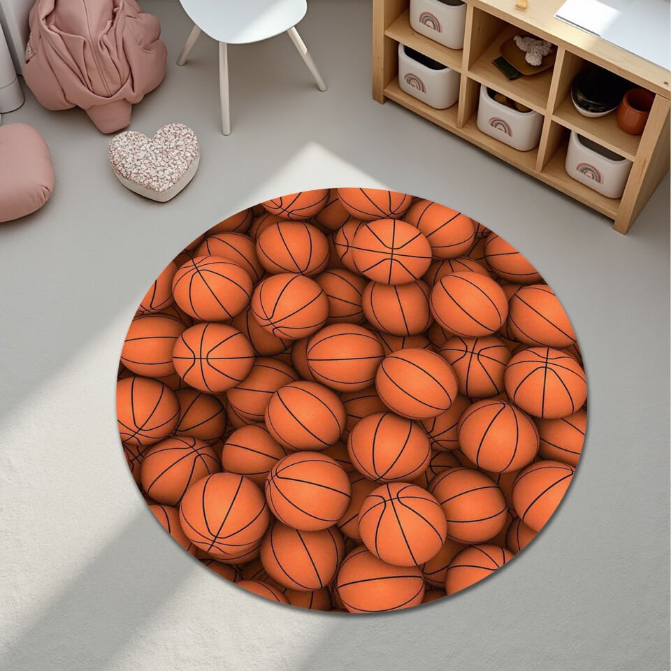 Basketball Pattern Area Rug – Sporty Orange Basketball Design Floor Mat