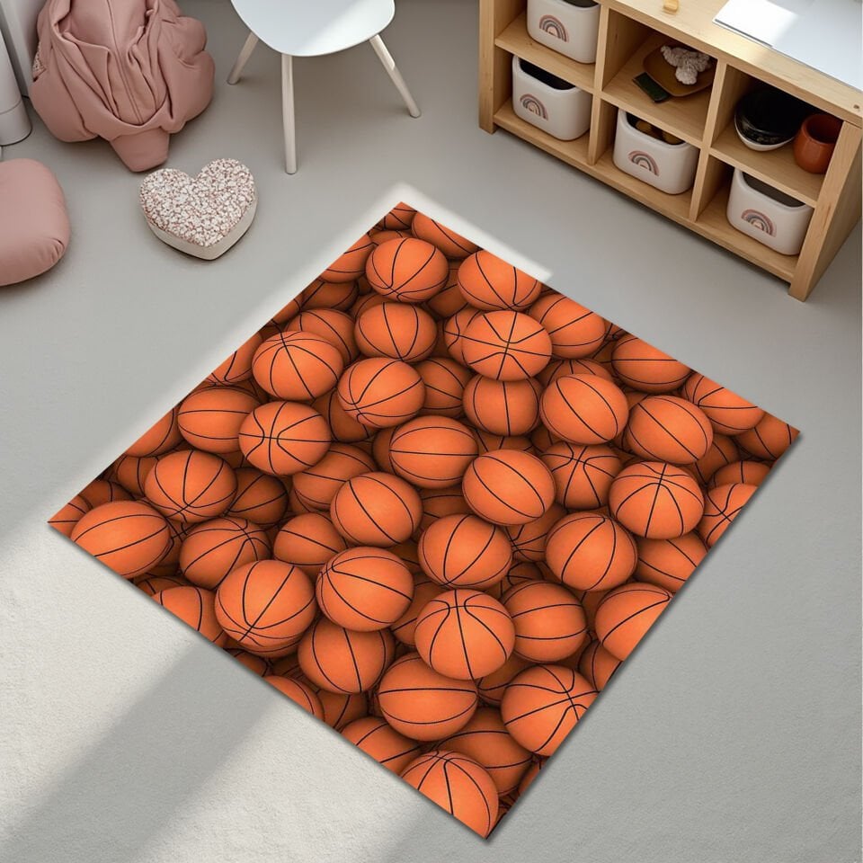 Basketball Pattern Area Rug – Sporty Orange Basketball Design Floor Mat