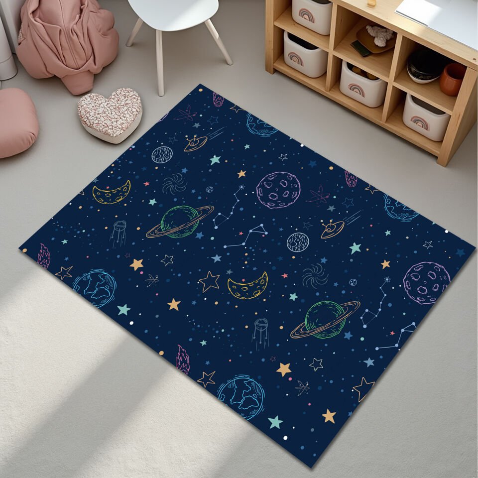 Colorful Outer Space Themed Kids Rug – Planets, Stars & Constellations Design