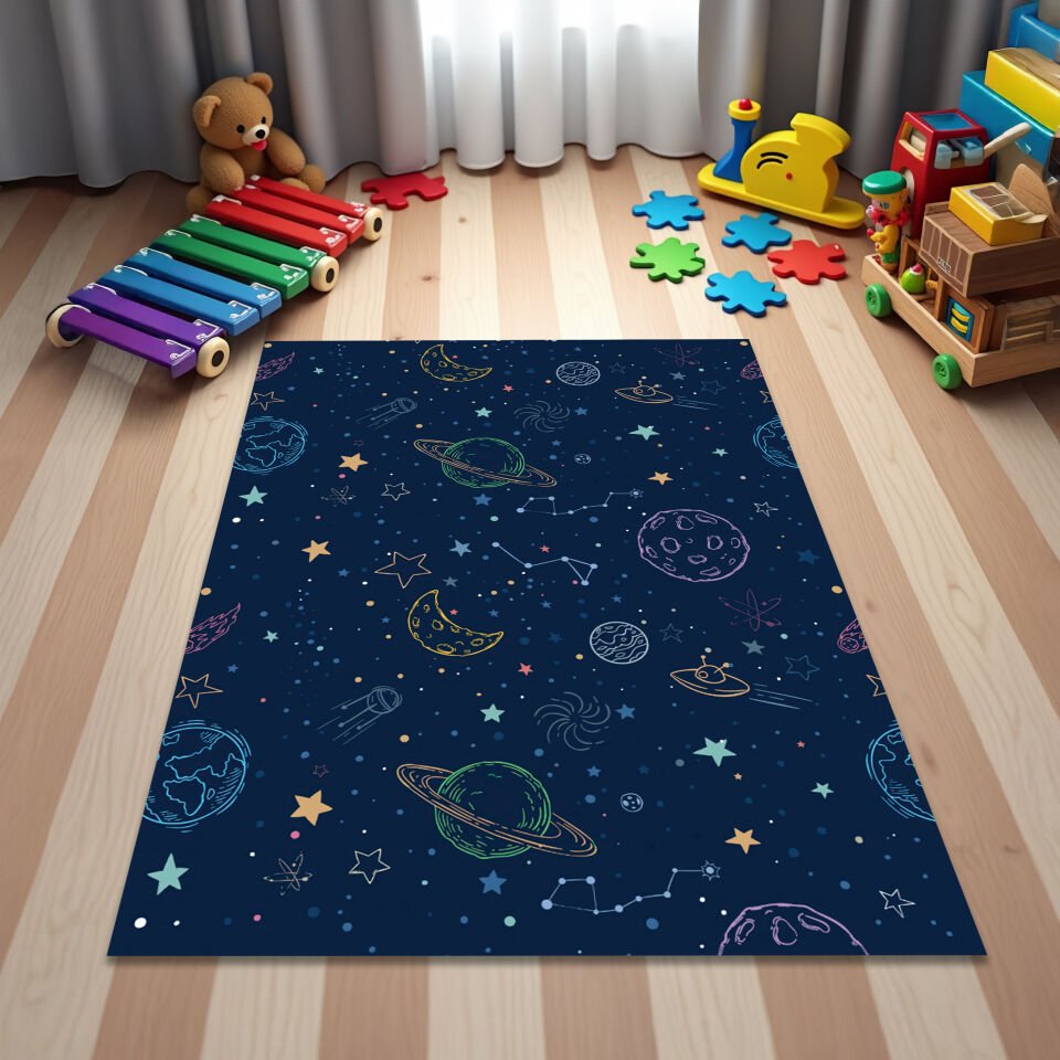 Colorful Outer Space Themed Kids Rug – Planets, Stars & Constellations Design