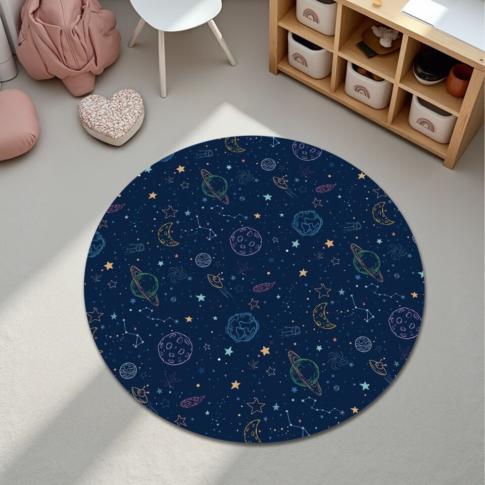Colorful Outer Space Themed Kids Rug – Planets, Stars & Constellations Design