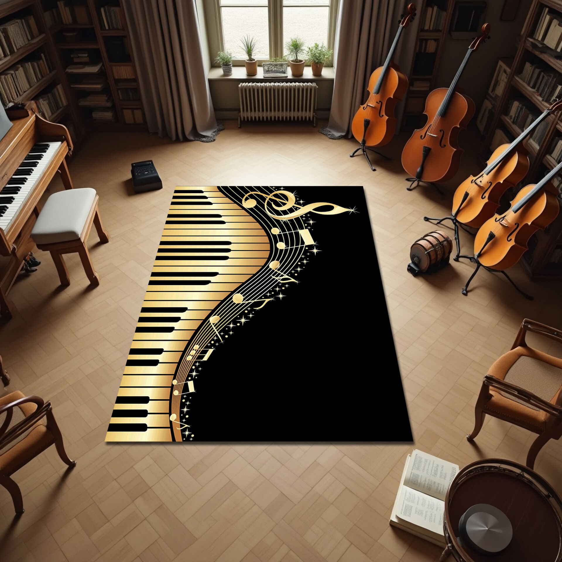 Luxury Golden Music Notes & Piano Keys Living Room Rug