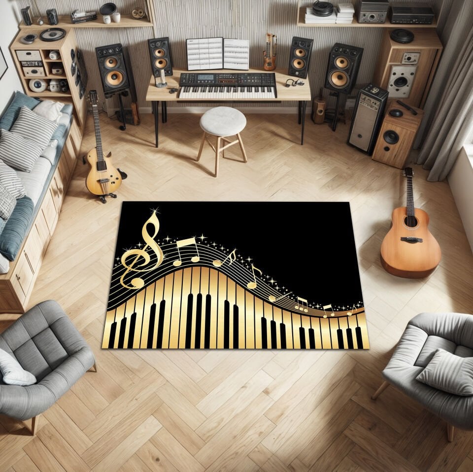 Luxury Golden Music Notes & Piano Keys Living Room Rug
