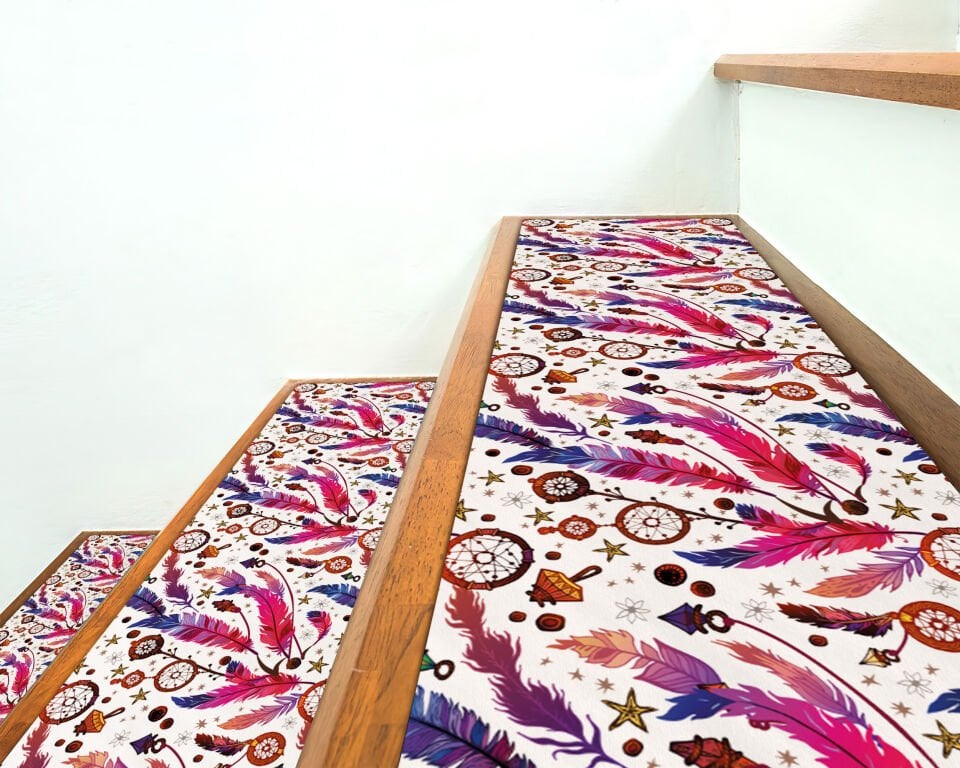 Bohemian Dreamcatcher Feather Stair Treads – Colorful Tribal Pattern