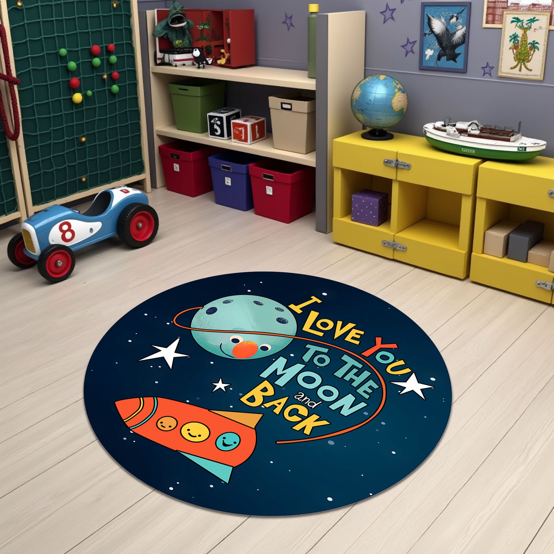 ''I Love You to the Moon and Back'' Space Theme Round Kids Rug