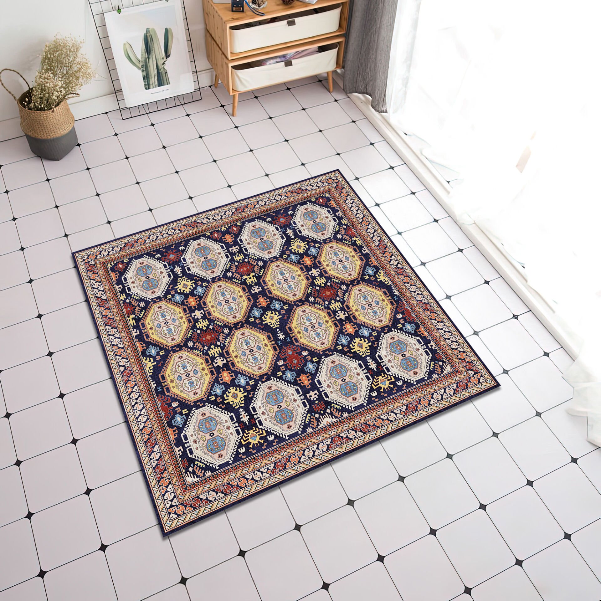 Navy Blue Oriental Square Rug Geometric Tribal Pattern Carpet