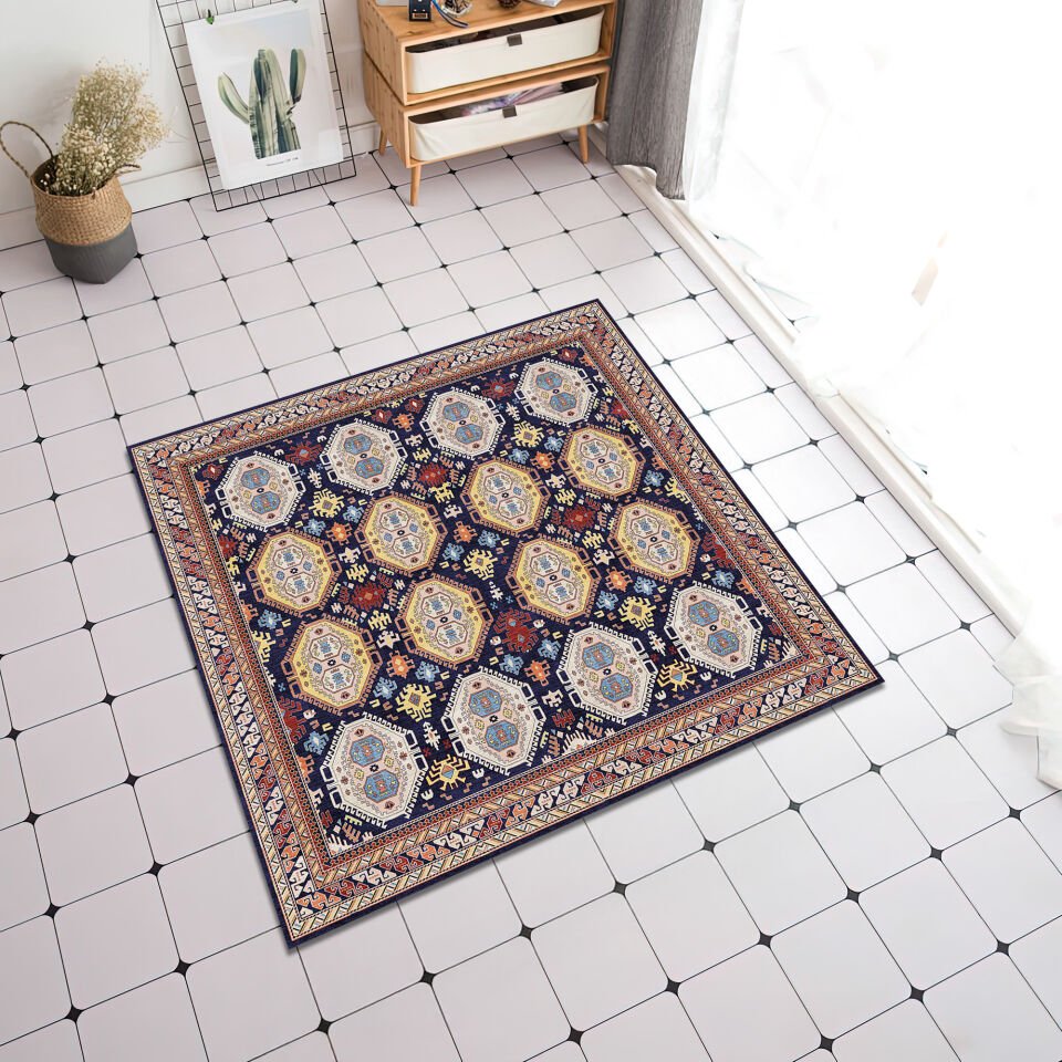 Navy Blue Oriental Square Rug Geometric Tribal Pattern Carpet