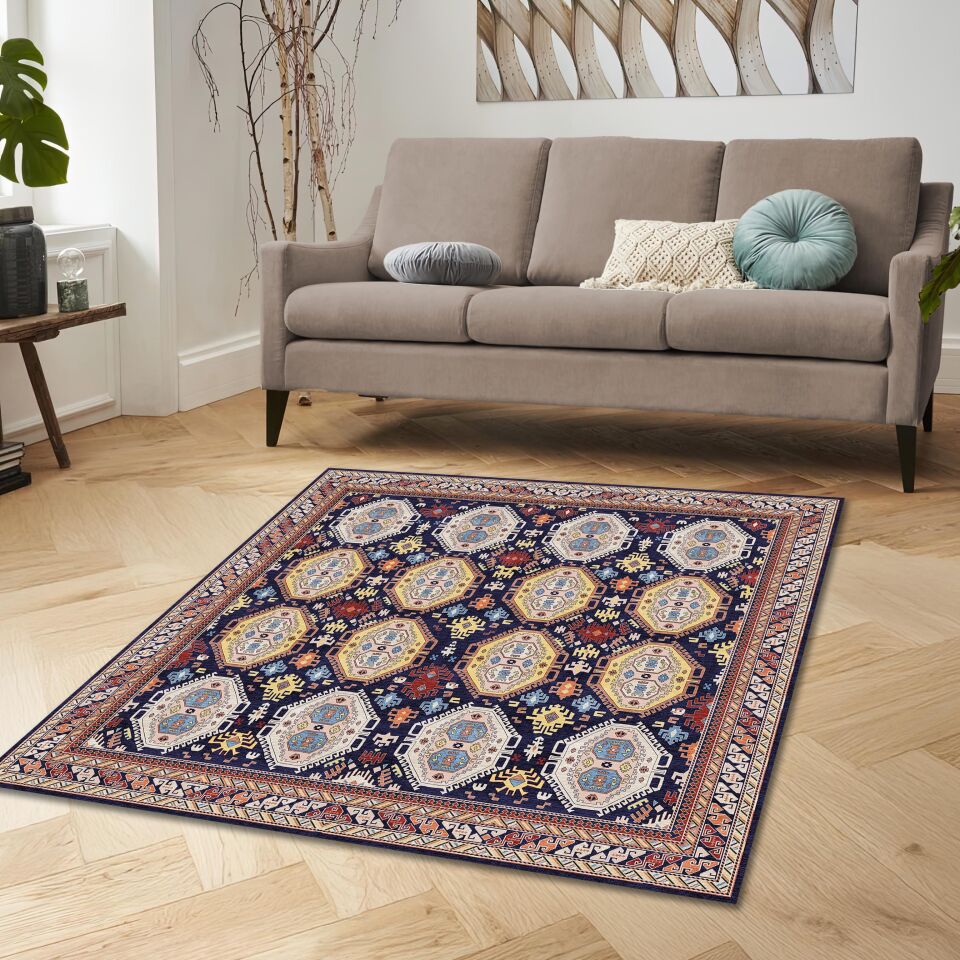 Navy Blue Oriental Square Rug Geometric Tribal Pattern Carpet