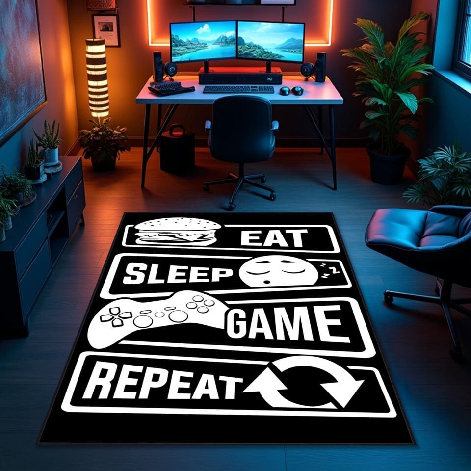 Eat Sleep Game Repeat Gaming Rug – Modern Black Gamer Carpet for Game Rooms