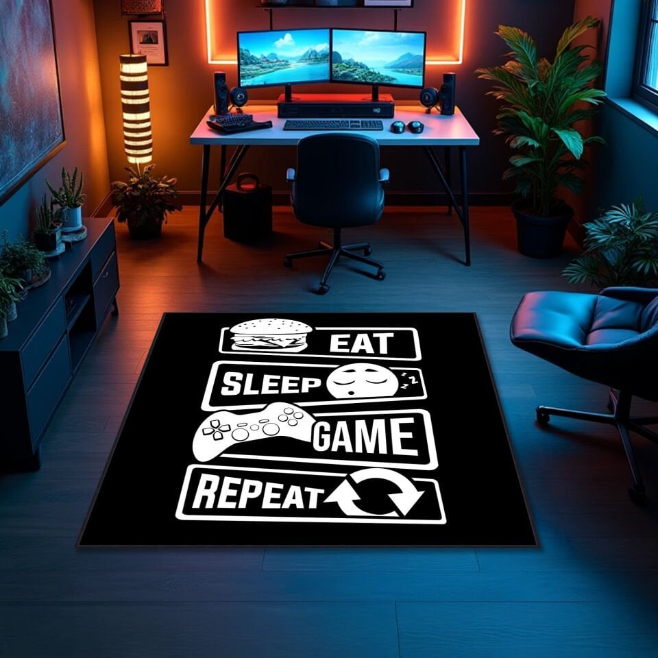 Eat Sleep Game Repeat Gaming Rug – Modern Black Gamer Carpet for Game Rooms