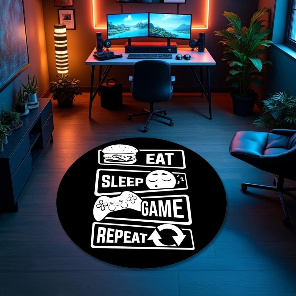 Eat Sleep Game Repeat Gaming Rug – Modern Black Gamer Carpet for Game Rooms