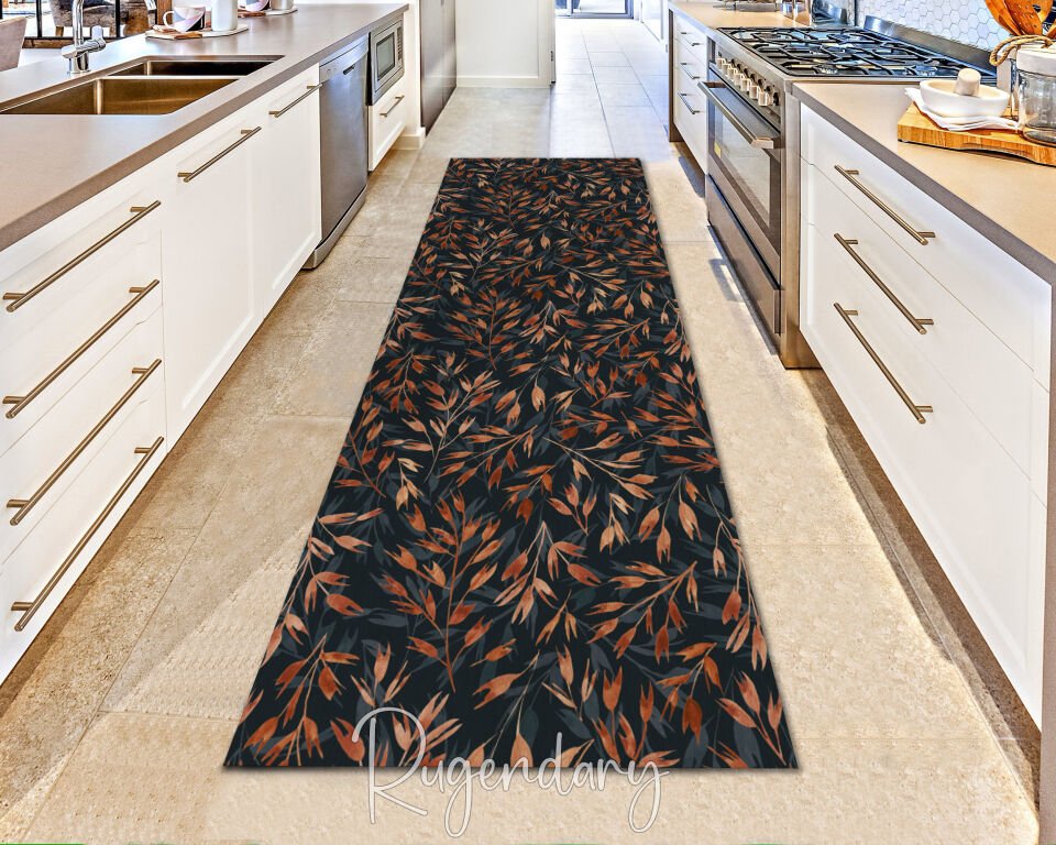 Dark Botanical Runner Rug – Elegant Black & Rust Leaf Pattern