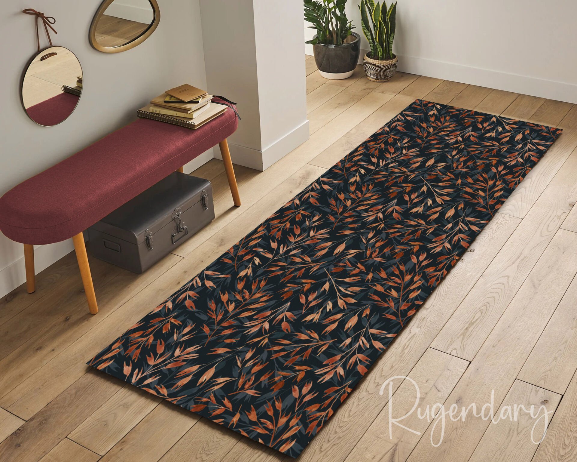 Dark Botanical Runner Rug – Elegant Black & Rust Leaf Pattern