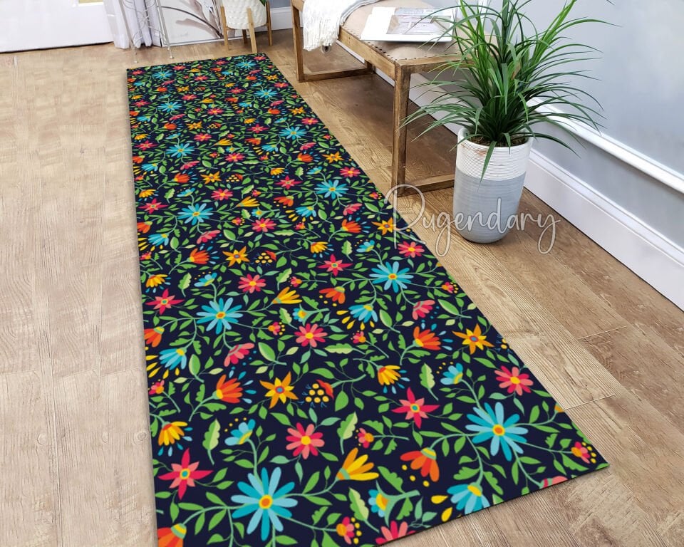 Black Background Floral Runner Rug – Vibrant Garden Pattern, Non-Slip & Washable Hallway Carpet